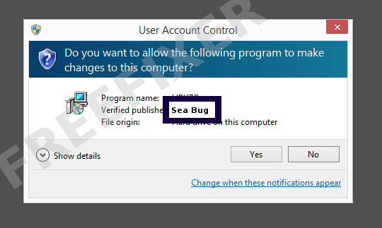 Screenshot where Sea Bug appears as the verified publisher in the UAC dialog